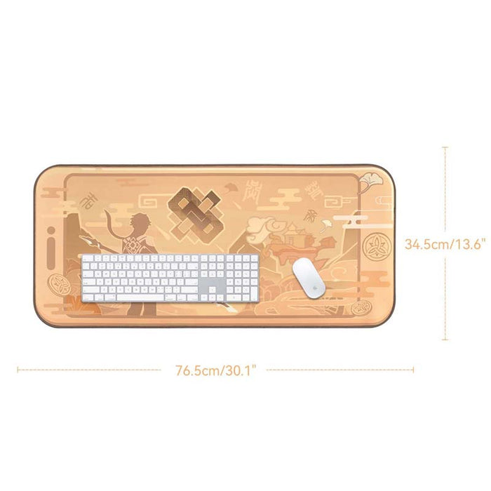 Zhongli Desk Pad, Gaming Essential: peach, tan Japanese-inspired warrior and dragon illustration, anime-inspired Japanese fan