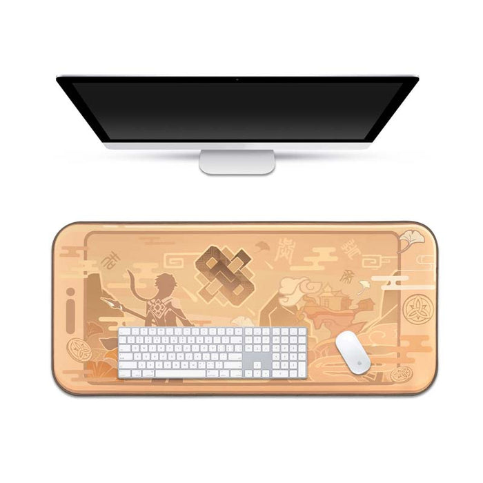 Zhongli Desk Pad, Gaming Essential: peach, tan Japanese-inspired warrior and dragon illustration, anime-inspired Japanese fan