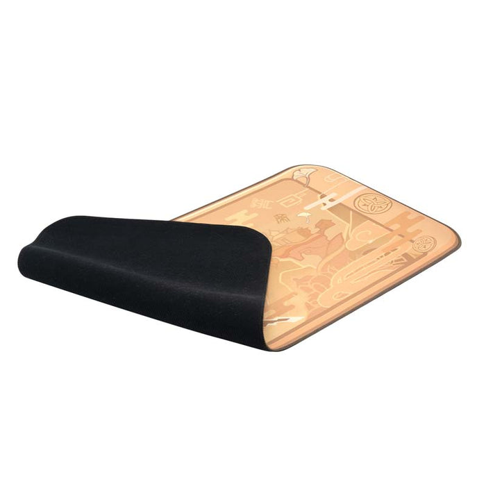 Zhongli Desk Pad, Gaming Essential: peach, tan Japanese-inspired warrior and dragon illustration, anime-inspired Japanese fan