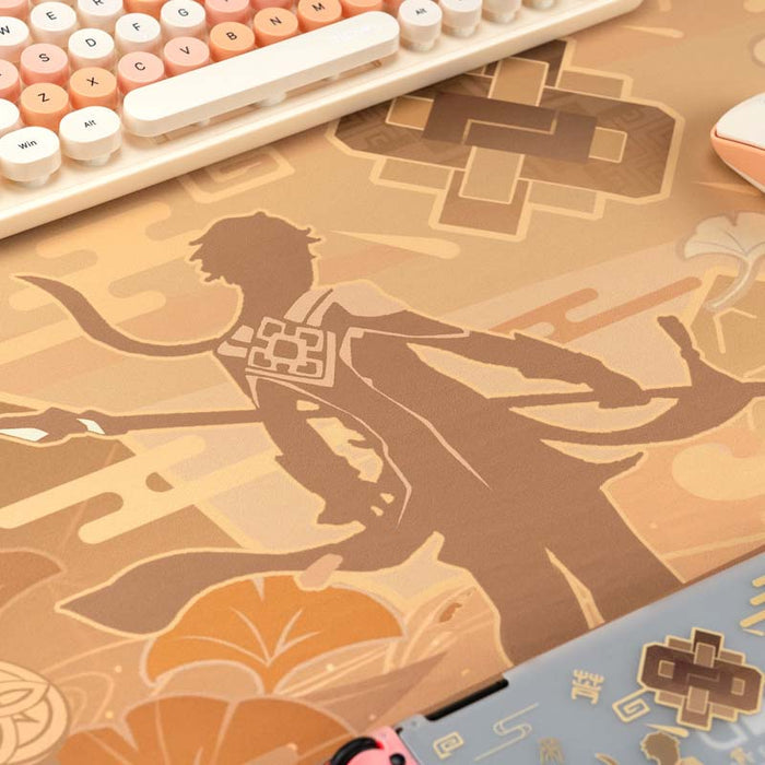Zhongli Desk Pad, Gaming Essential: peach, tan Japanese-inspired warrior and dragon illustration, anime-inspired Japanese fan
