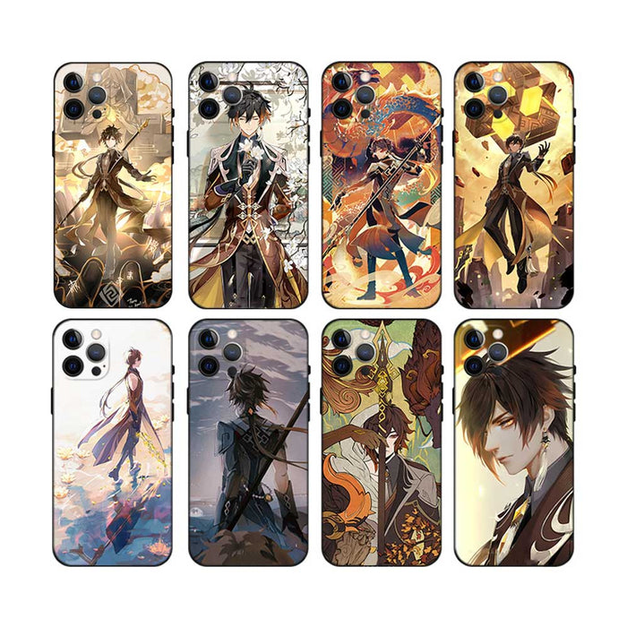 Zhongli Genshin Impact Phone Case: black, brown anime-style male character, anime, fantasy, dramatic illustration style