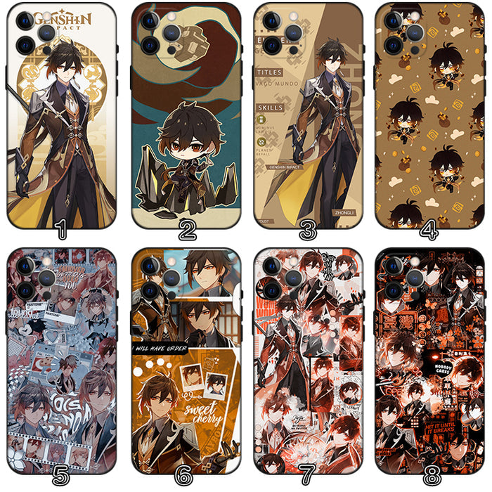 Zhongli Genshin Impact Phone Case: black, brown anime-style male character, anime, fantasy, dramatic illustration style