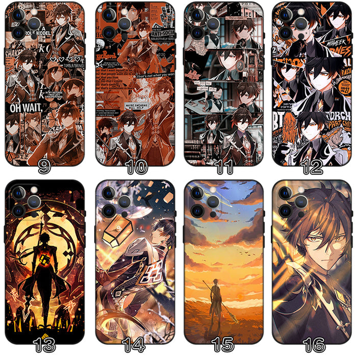 Zhongli Genshin Impact Phone Case: black, brown anime-style male character, anime, fantasy, dramatic illustration style