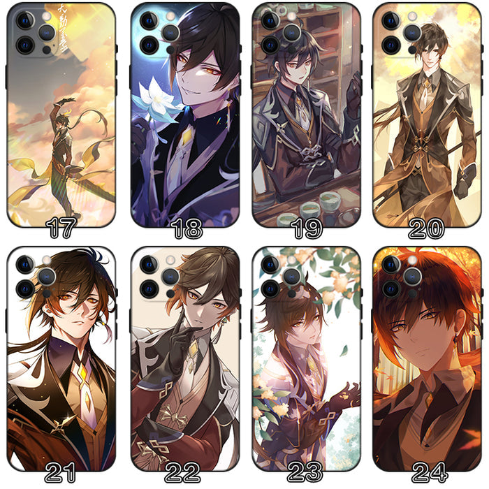 Zhongli Genshin Impact Phone Case: black, brown anime-style male character, anime, fantasy, dramatic illustration style