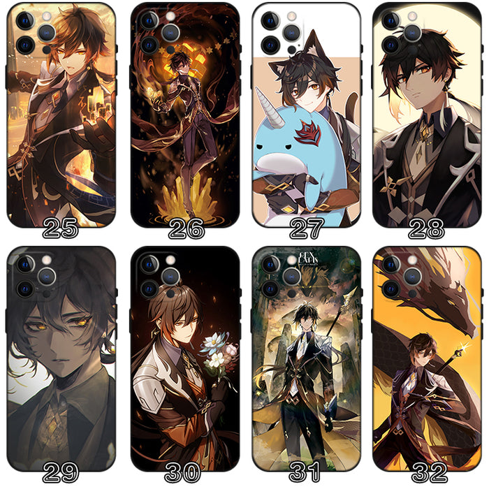 Zhongli Genshin Impact Phone Case: black, brown anime-style male character, anime, fantasy, dramatic illustration style