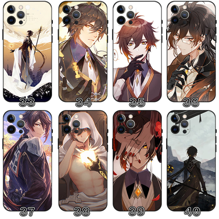 Zhongli Genshin Impact Phone Case: black, brown anime-style male character, anime, fantasy, dramatic illustration style