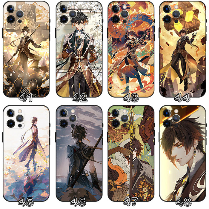 Zhongli Genshin Impact Phone Case: black, brown anime-style male character, anime, fantasy, dramatic illustration style