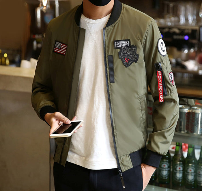 Zip-Tag Men's Bomber Jacket: olive green, black bomber jacket, casual military-inspired streetwear style
