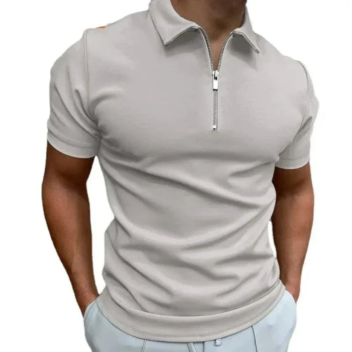 Zipper Polo Shirt for Men with Short Sleeves: light gray short-sleeve quarter-zip polo shirt, minimal style