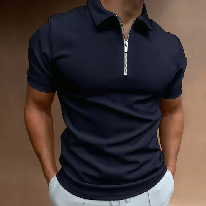 Zipper Polo Shirt for Men with Short Sleeves: light gray short-sleeve quarter-zip polo shirt, minimal style