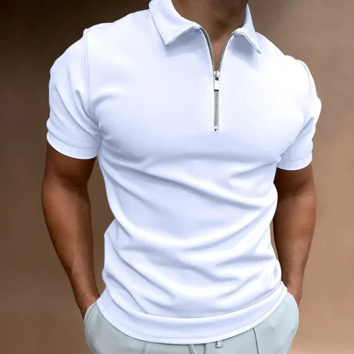 Zipper Polo Shirt for Men with Short Sleeves: light gray short-sleeve quarter-zip polo shirt, minimal style