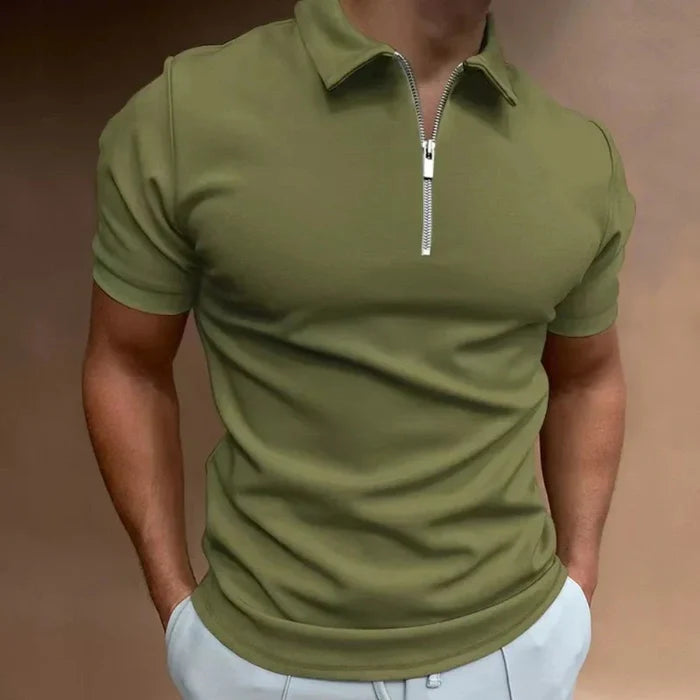Zipper Polo Shirt for Men with Short Sleeves: light gray short-sleeve quarter-zip polo shirt, minimal style