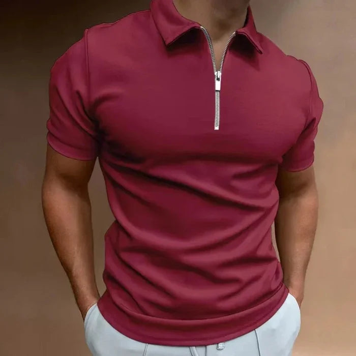 Zipper Polo Shirt for Men with Short Sleeves: light gray short-sleeve quarter-zip polo shirt, minimal style