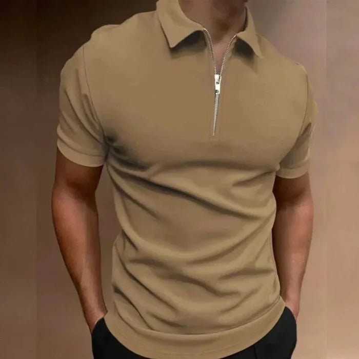 Zipper Polo Shirt for Men with Short Sleeves: light gray short-sleeve quarter-zip polo shirt, minimal style
