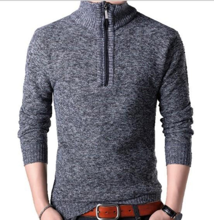 Zippered High Collar Men's Sweater: dark gray, black quarter-zip pullover sweater, minimal casual style