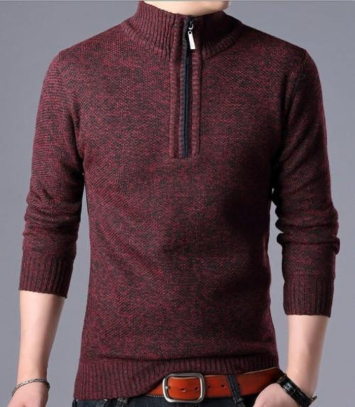 Zippered High Collar Men's Sweater: dark gray, black quarter-zip pullover sweater, minimal casual style