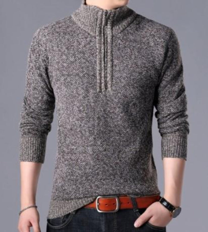 Zippered High Collar Men's Sweater: dark gray, black quarter-zip pullover sweater, minimal casual style
