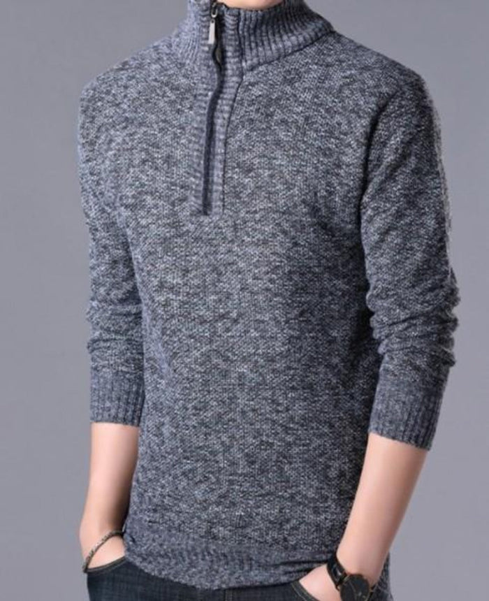 Zippered High Collar Men's Sweater: dark gray, black quarter-zip pullover sweater, minimal casual style