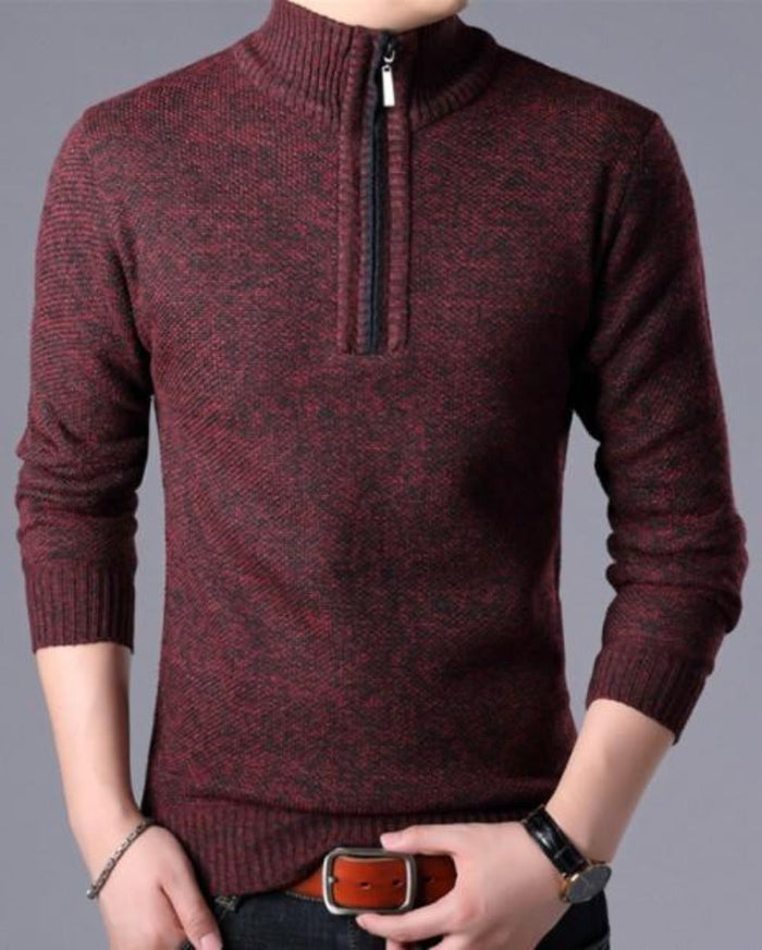 Zippered High Collar Men's Sweater: dark gray, black quarter-zip pullover sweater, minimal casual style