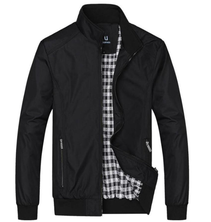 Zippered Jacket with Stand Collar for Men: black, gray jacket, minimal casual style