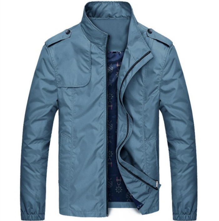 Zippered Jacket with Stand Collar for Men: blue-gray, dark navy jacket, minimal military-inspired casual style