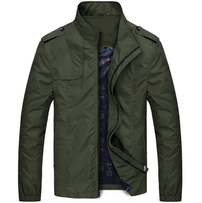 Zippered Jacket with Stand Collar for Men: blue-gray, dark navy jacket, minimal military-inspired casual style