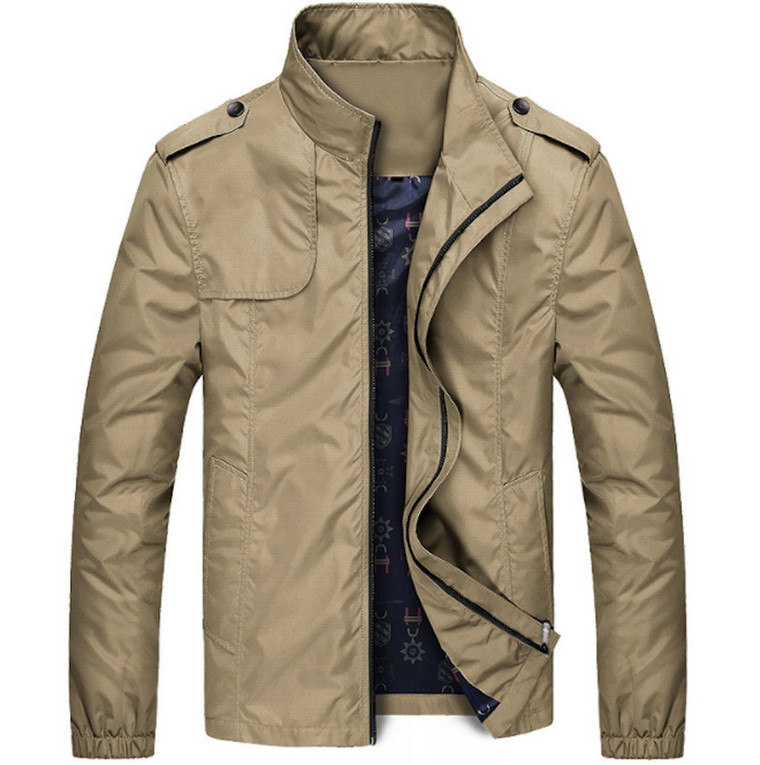 Zippered Jacket with Stand Collar for Men: blue-gray, dark navy jacket, minimal military-inspired casual style
