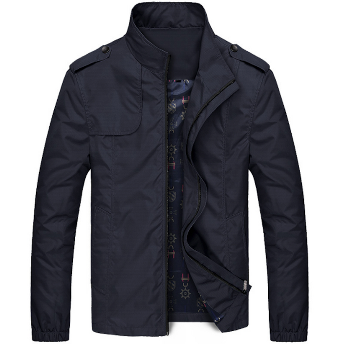 Zippered Jacket with Stand Collar for Men: blue-gray, dark navy jacket, minimal military-inspired casual style