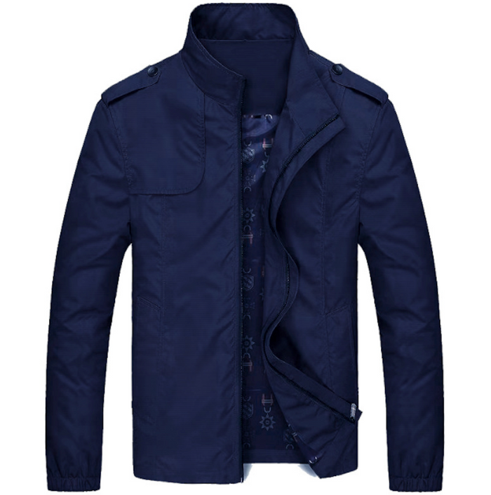 Zippered Jacket with Stand Collar for Men: blue-gray, dark navy jacket, minimal military-inspired casual style