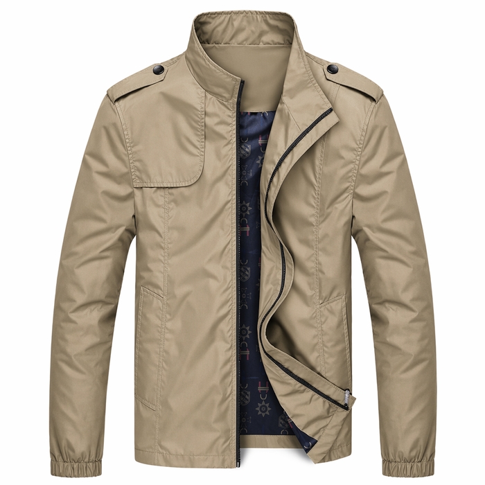 Zippered Jacket with Stand Collar for Men Khaki